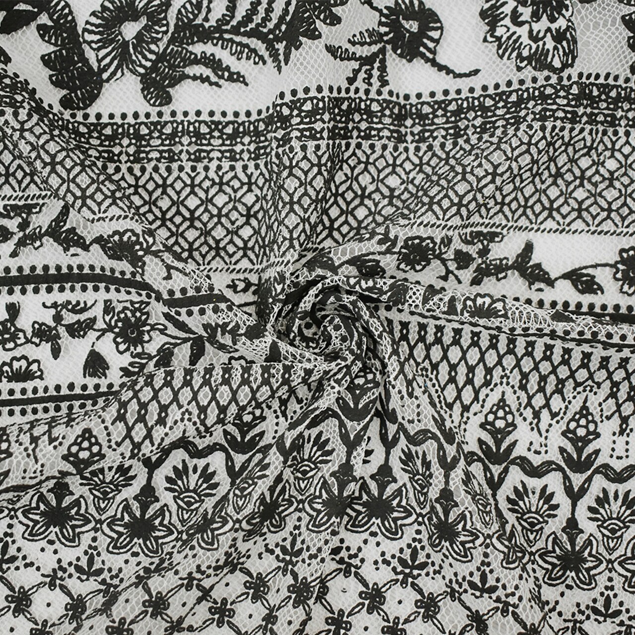 Black-White Cotton Nylon Floral Printed Mesh Fabric By the Yard